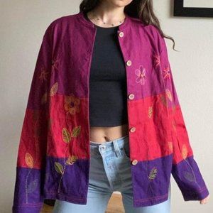 Vintage Flower Embroidered Linen Button Up Jacket